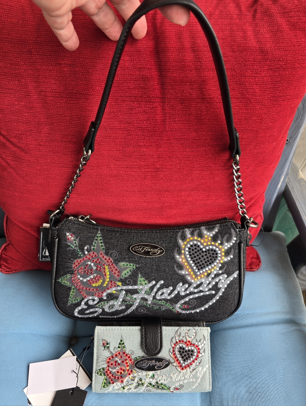 Ed Hardy NWT Black Denim Crossbody Bag Multicolor Rose and Heart & Wallet